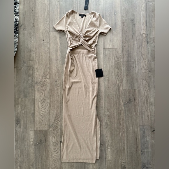 Stunning Lulu’s Style Twist Beige Twist Front Cutout Midi Dress NWT - Picture 6 of 13